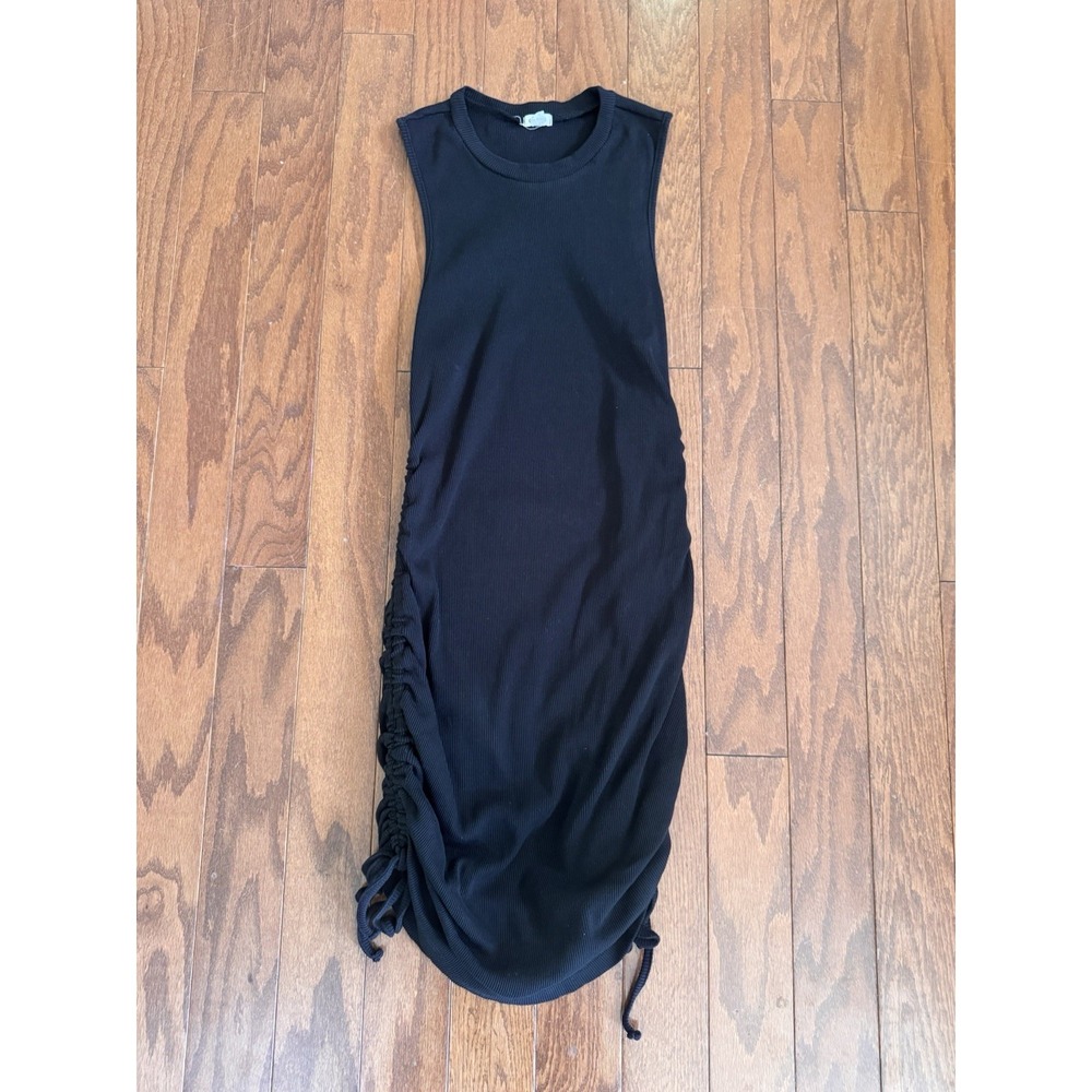 Garage Black Ribbed Midi Dress Ruched Side Drawstring Bodycon Casual‎ S